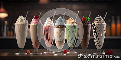 Different milkshakes set with nuts, caramel, strawberry and whipped creamare. Generative AI Stock Photo