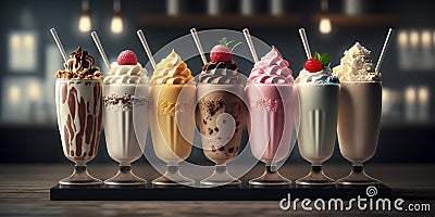 Different milkshakes set with nuts, caramel, strawberry and whipped creamare. Generative AI Stock Photo