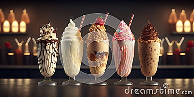 Different milkshakes set with nuts, caramel, strawberry and whipped creamare. Generative AI Stock Photo