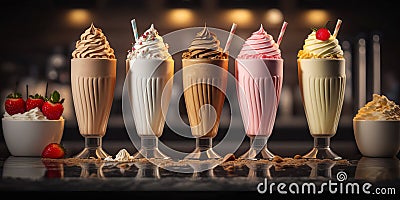 Different milkshakes set with nuts, caramel, strawberry and whipped creamare. Generative AI Stock Photo