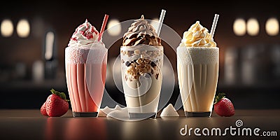 Different milkshakes set with nuts, caramel, strawberry and whipped creamare. Generative AI Stock Photo