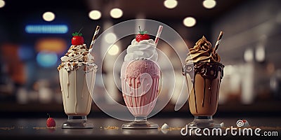 Different milkshakes set with nuts, caramel, strawberry and whipped creamare. Generative AI Stock Photo