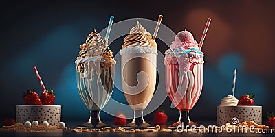 Different milkshakes set with nuts, caramel, strawberry and whipped creamare. Generative AI Stock Photo