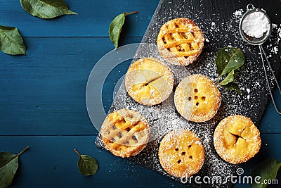 Different mini apple pies top view. Autumn pastry desserts. Stock Photo