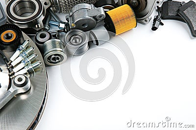 Different modern car parts on white background Stock Photo