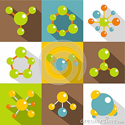 Different molecule icons set, flat style Vector Illustration