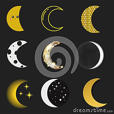 Different moon nature cosmos cycle satellite surface whole cycle from new star vector illustration. Vector Illustration