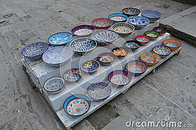 Different motive of oriental ceramics pots for sale Stock Photo