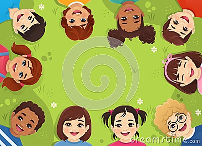 Multiethnic kids lying on grass Vector Illustration