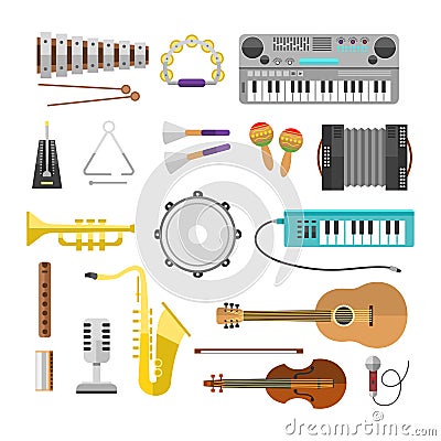 Different music instruments vector musical guitar violin and sound classical concert trumpet collection entertainment Vector Illustration