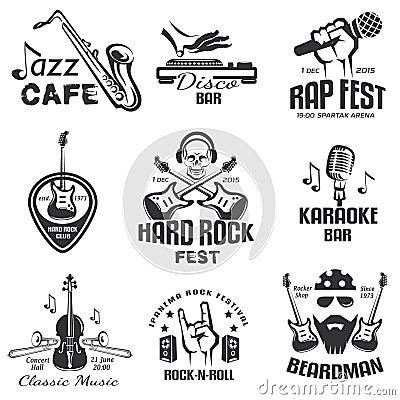 Different music styles retro emblems Vector Illustration