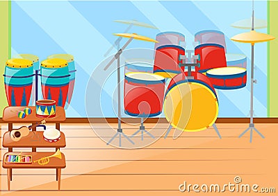 Different musical instruments in room Vector Illustration
