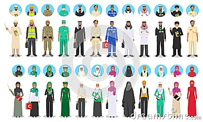 Different muslim Middle East people occupation characters set in flat style. Professions of men and women. Set of Vector Illustration