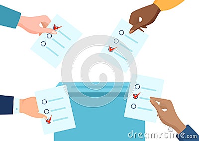 Different nation people character vote, people character hand together hold checklist flat vector illustration, isolated Vector Illustration