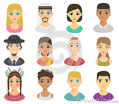 Different nations people portraits vector set. Vector Illustration