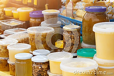 Different natural honey and honeybee products Stock Photo
