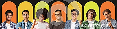 Different natural positive emotions of international millennial guys on colorful backgrounds, panorama Stock Photo