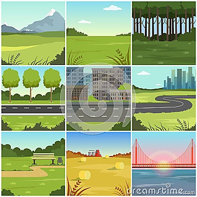 Different natural summer landscapes set, scenes of city, park, field, mountain, road, river and bridge Vector Illustration