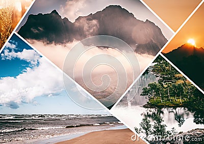 Different nature collection collage. Mountains, beach, sunset, woods. Background and texture for advertising projects Stock Photo