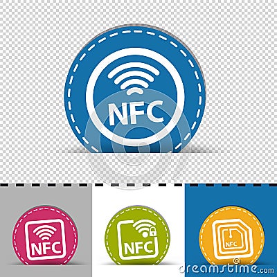 Different NFC Icons - Four Colorful Round Buttons - Vector Illustration - Isolated On Transparent And Monochrome Background Stock Photo