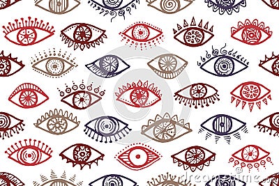 Different open eyes esoteric endless ornament. Vector Illustration