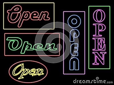 Different open neon signs Stock Photo