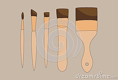 Different paint brushes isolated on brown background. Art tools set vector illustration Vector Illustration