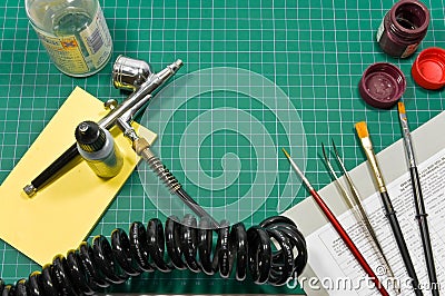 Different painting hobby tools still life. Stock Photo