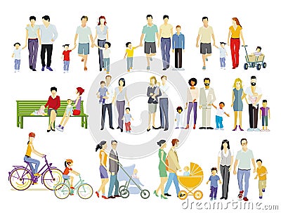 Different parents with babies and children, families groups isolated on white Vector Illustration