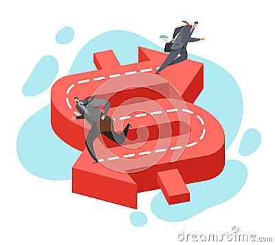 Different path of the same goal. Two businessman running to success opposite direction, dollar sign, various strategies Vector Illustration