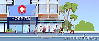 Different Patients Walking To New Modern Hospital Building Medical Clinic Concept Vector Illustration