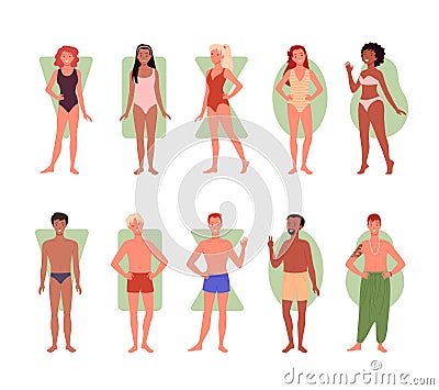 Different people body shape types infographic set, diverse group of man woman characters Vector Illustration