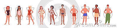 Different people body shape types infographic vector illustration set. Cartoon diverse group of man woman characters in Vector Illustration