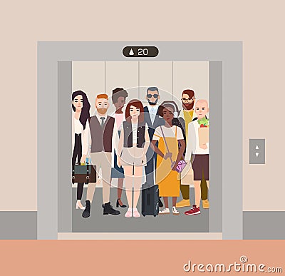 Different people standing in elevator with open doors. Group of various men and women waiting inside lift stopped on Vector Illustration