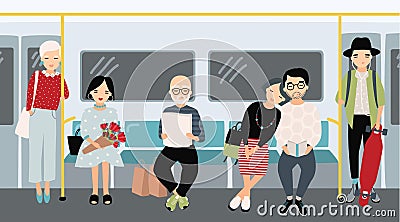 Different people at subway. Trendy young girls and guys at underground train. Horizontal colorful vector illustration in Vector Illustration