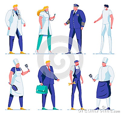 Different People in Uniform, Pilot, Chef, Doctor. Vector Illustration