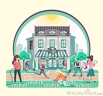 Different people walking in the park near the building cafe . Flat style vector illustration Vector Illustration