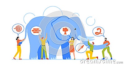 Different Perceptions Concept. Blindfolded Business People Touching Elephant Body Parts Blind Characters Idea, Viewpoint Vector Illustration