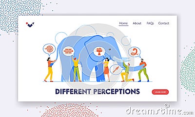 Different Perceptions Landing Page Template. Blindfolded People Touching Elephant Parts. Blind Characters Viewpoints Vector Illustration