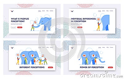 Different Perceptions Landing Page Template Set. Blindfolded People Touching Elephant Parts. Blind Characters Viewpoints Vector Illustration