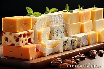 Different pieces of cheese with nuts on a brown wooden board Stock Photo