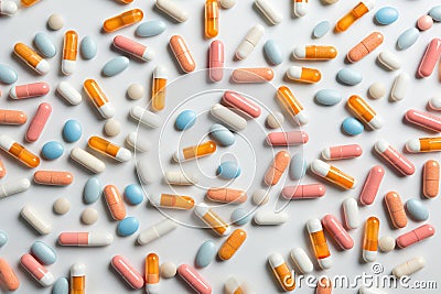 Different pills and capsules on light blue background, flat lay Stock Photo