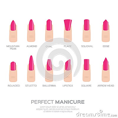 Different pink nail shapes. Vector Illustration