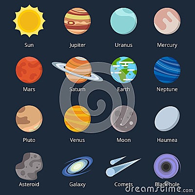 Different planets of solar system. Illustration of space in cartoon style Vector Illustration