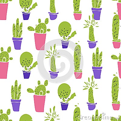 Different plants, cactus. Flat vector.Seamless pattern Vector Illustration