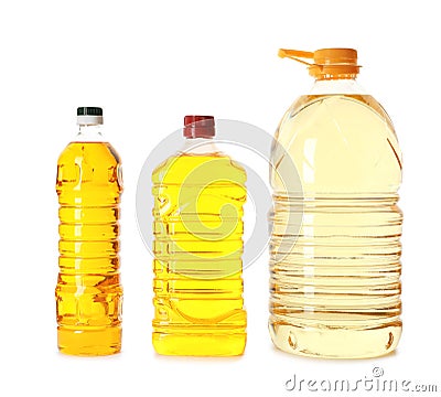 Different plastic bottles with oils Stock Photo