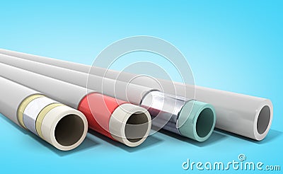 Different plastic water pipes in layers 3d render on blue Stock Photo