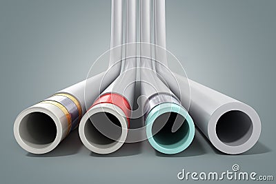 Different plastic water pipes in layers 3d render on grey Stock Photo