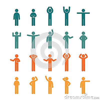 Different poses stick figure people pictogram colored icon set. Vector Illustration