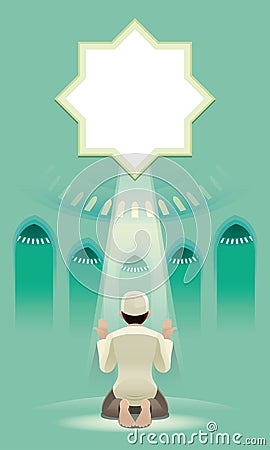 A devout Muslim praying in a holy mosque. Vector Illustration